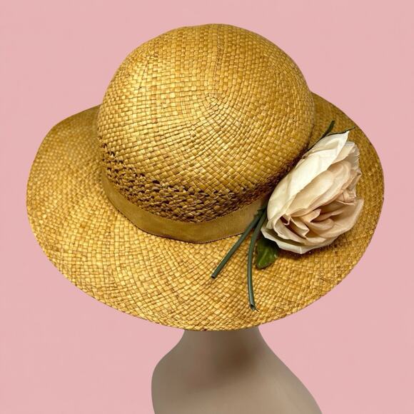 Vintage 70s Straw Sun Hat Blush Rose Floral Garden Party Cottagecore main image 4